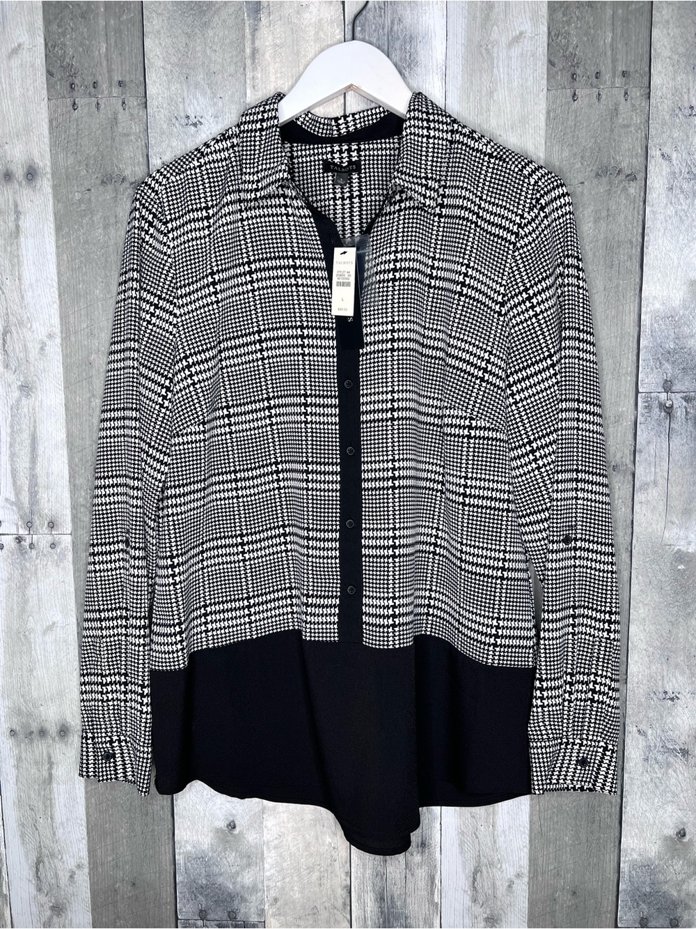 TALBOTS Black White Print Tunic Top Long Sleeves Size Large NWT